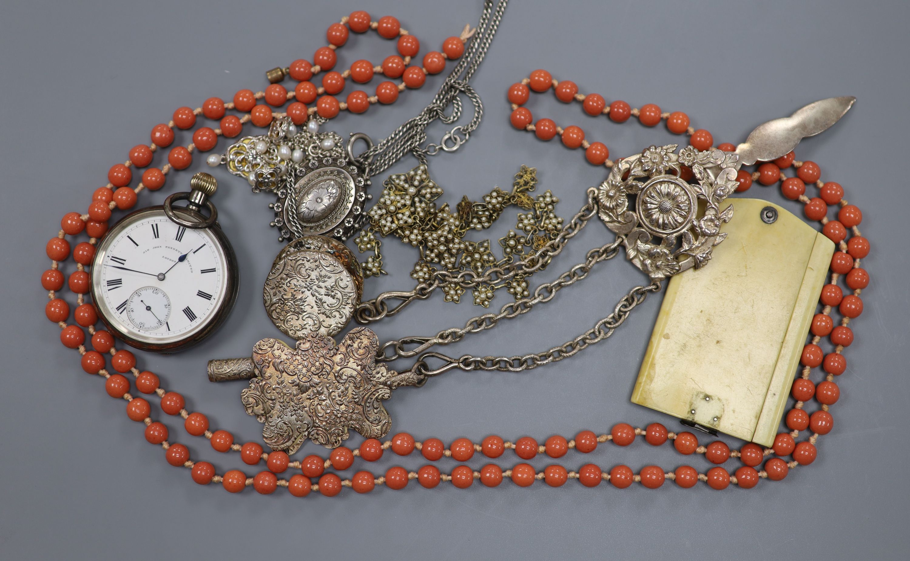 A late Victorian silver open face keyless pocket watch, by Sir John Bennett Ltd and a small quantity of mixed jewellery, including a Victorian silver locket, Scottish hardstone set cufflinks and a continental white metal